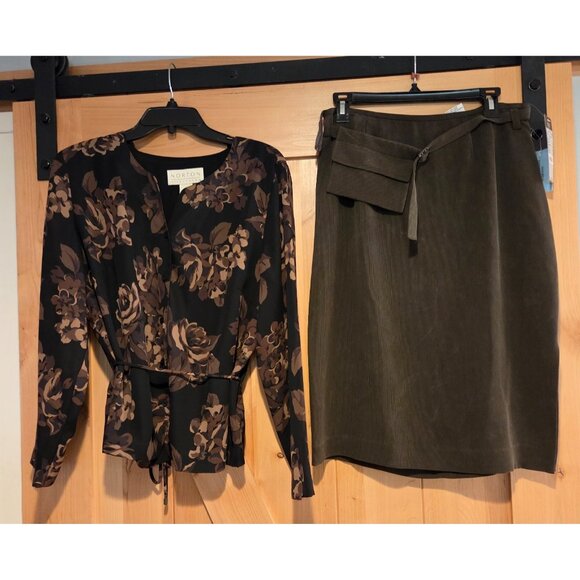 Lot Kasper Women Sz 12 100% Silk Green Skirt Pouch & Norton Floral Blouse Brown - Picture 1 of 16